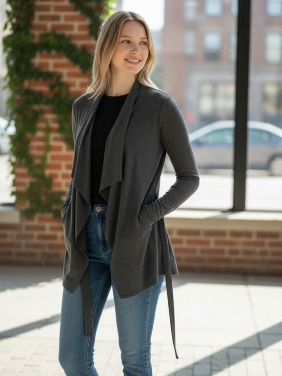 CAbi Sweaters - Cabi Take Two Draped Ponte Knit Wrap Cardigan Charcoal Gray L
